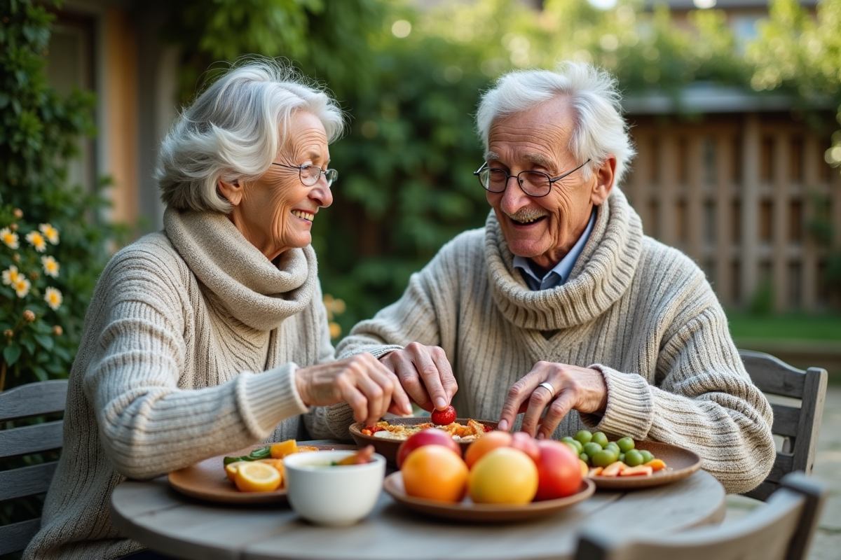 Couple âgé partageant un déjeuner en extérieur