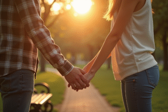 Jeune couple tenant la main sur un banc ensoleille dans un parc