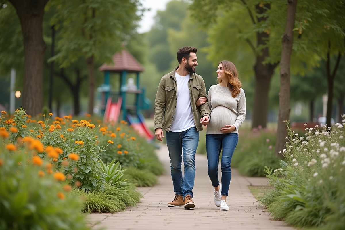 Jeune couple enceinte marchant dans un parc verdoyant