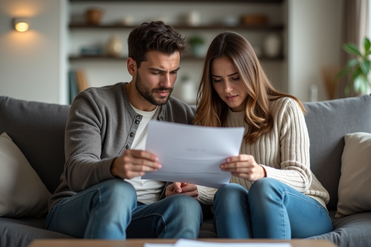 Couple regardant des resultats médicaux sur un sofa