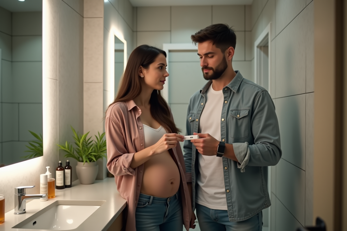Jeune couple regardant un test de grossesse dans la salle de bain