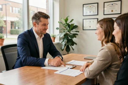 Courtier en assurance Groupama expliquant un contrat de remboursement à ses clients dans un bureau professionnel