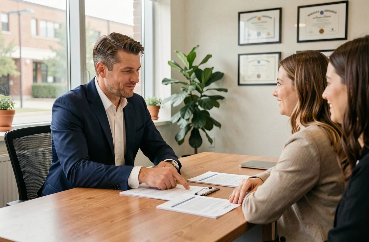 Courtier en assurance Groupama expliquant un contrat de remboursement à ses clients dans un bureau professionnel
