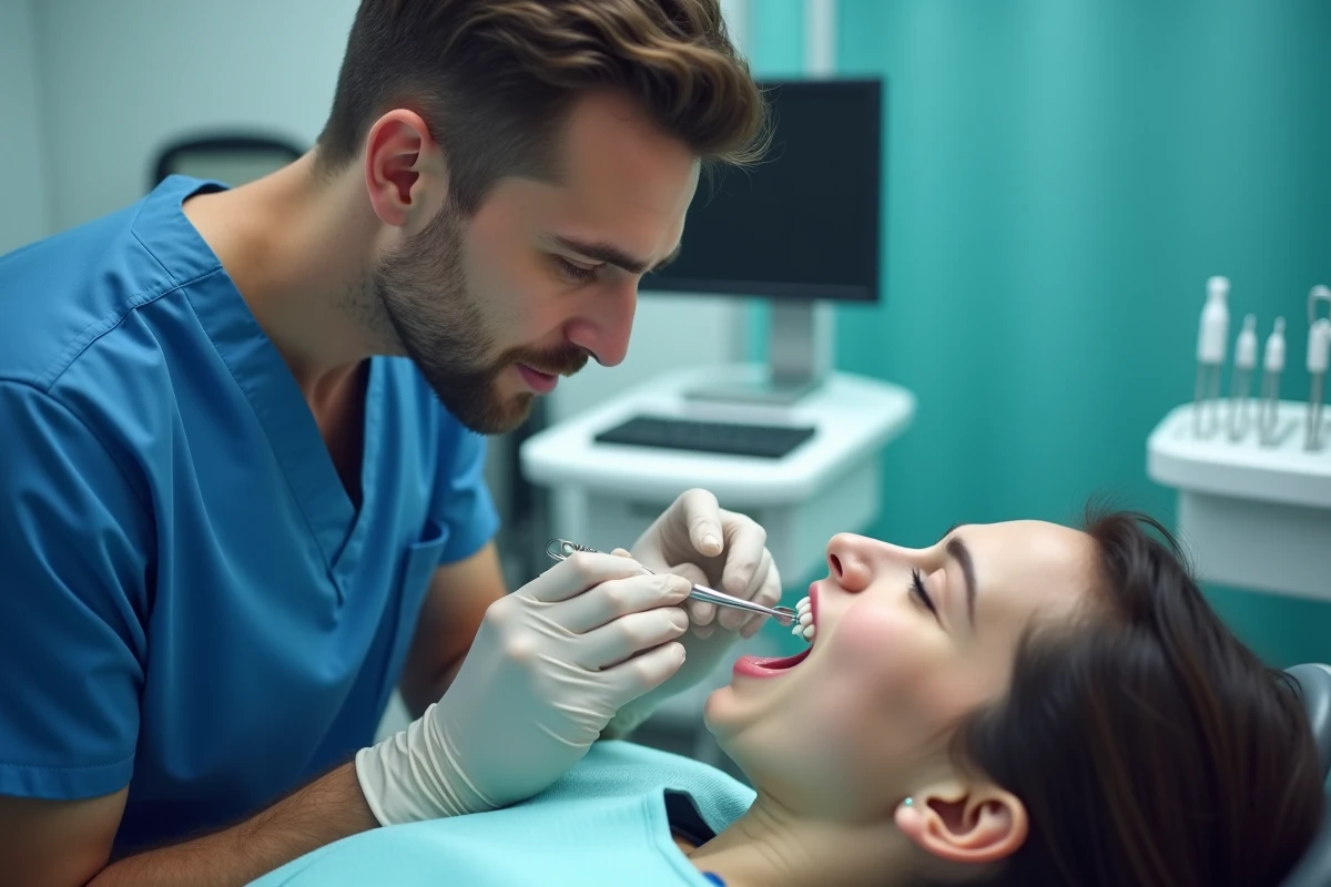 Dentiste examinant une dent douloureuse d'un patient dans un cabinet dentaire moderne