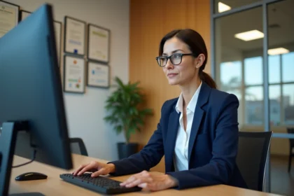 Directrice d'EHPAD consultant un logiciel de gestion de soins sur ordinateur dans son bureau professionnel