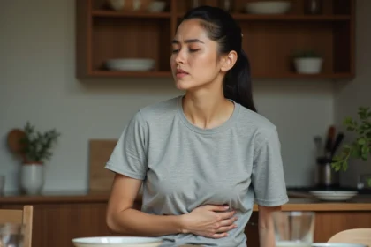 Femme tenant son côté droit avec une expression de douleur après le repas dans une cuisine moderne