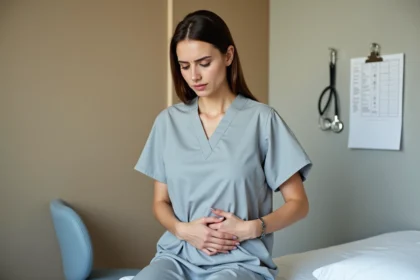 Femme tenant son côté droit du ventre lors d'une consultation médicale en cabinet