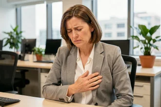 Femme en bureau souffrant d'une douleur intercostale au travail, main posée sur les côtes