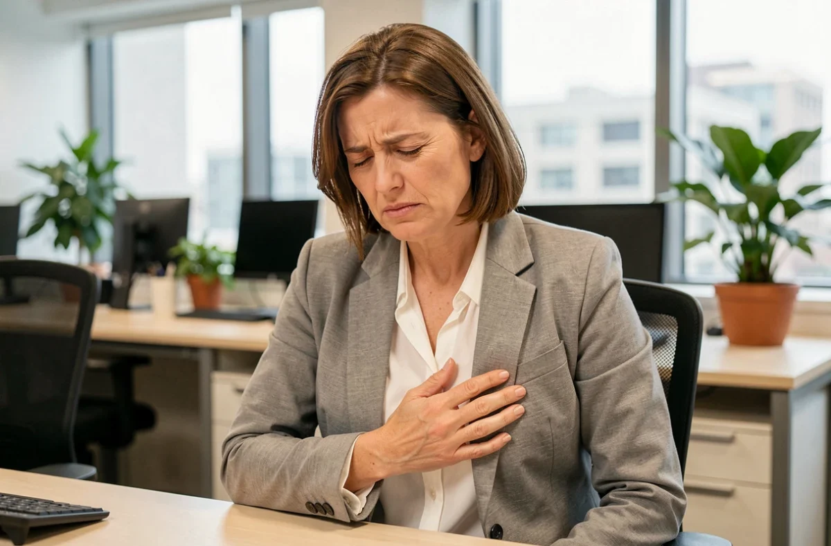 Femme en bureau souffrant d'une douleur intercostale au travail, main posée sur les côtes