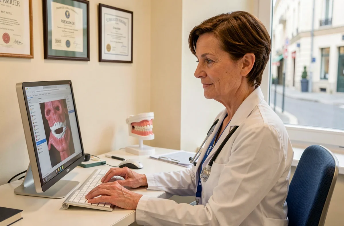 Le Dr Catherine Meyer, orthodontiste, assise à son bureau en train de consulter le dossier numérique d'un patient
