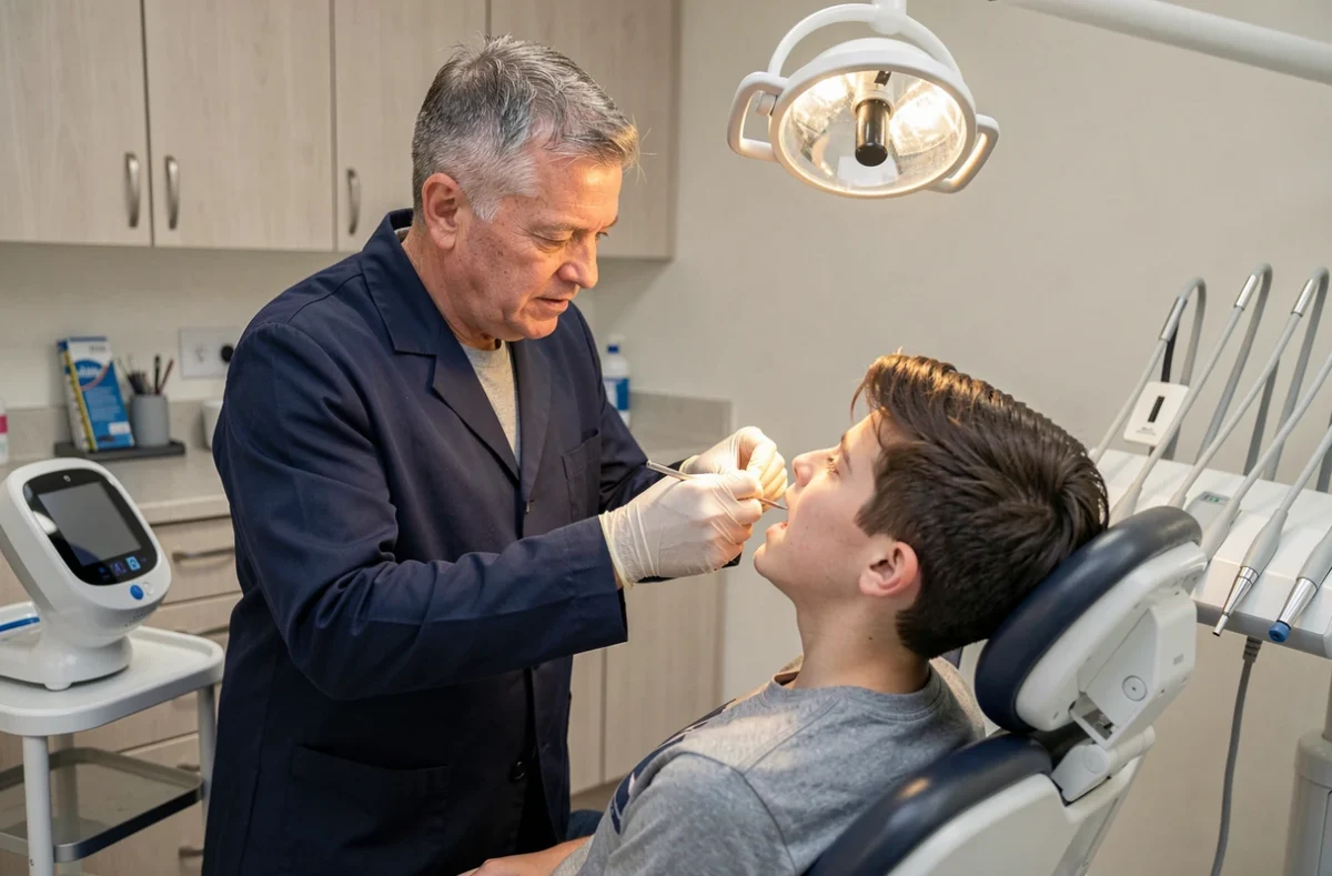 Le Dr Emmanuel Nicolas examine l'alignement dentaire d'un patient adolescent dans son cabinet orthodontique