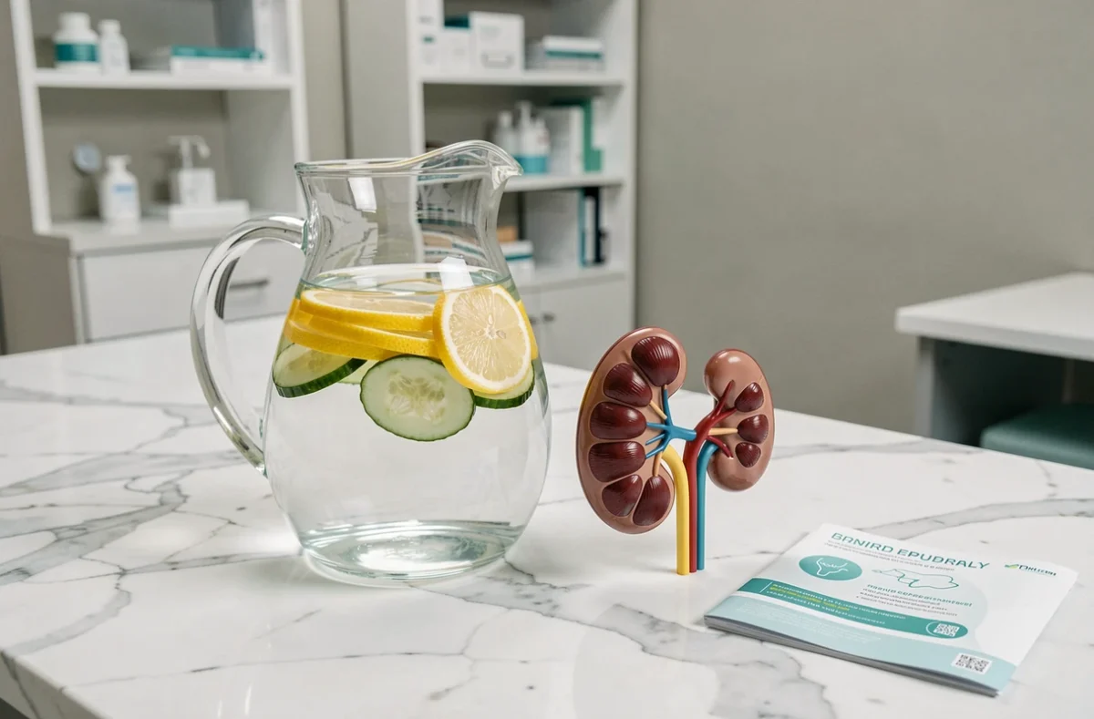 Composition médicale avec une carafe d'eau, un modèle anatomique de rein et une brochure sur la santé rénale et les calculs