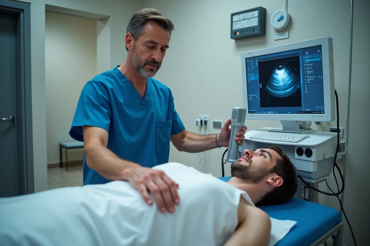 Radiologue réalisant une échographie abdominale sur le côté droit du ventre d'un patient