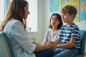 Garçon avec sa mère en consultation pediatrique