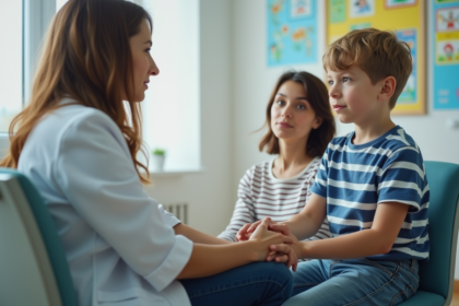 Garçon avec sa mère en consultation pediatrique