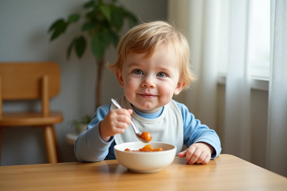 Jeune enfant mangeant une compote dans un bol pour soulager sa constipation au repas