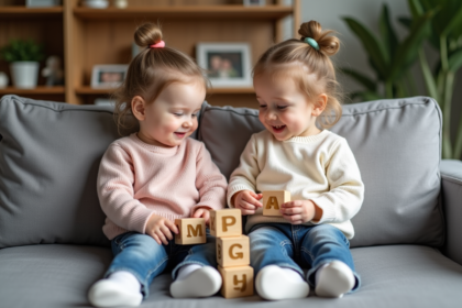Deux jeunes filles jouent avec des blocs en bois dans un salon cosy