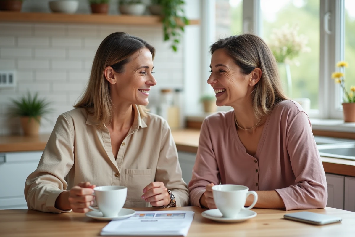 Deux femmes partageant des informations et des conseils sur un forum dédié à la névralgie pudendale autour d'une table de cuisine