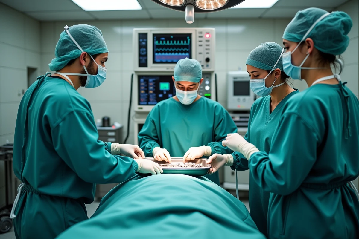 Équipe chirurgicale vérifiant le matériel d'anesthésie et le monitoring cardiaque dans une salle d'opération avant une intervention