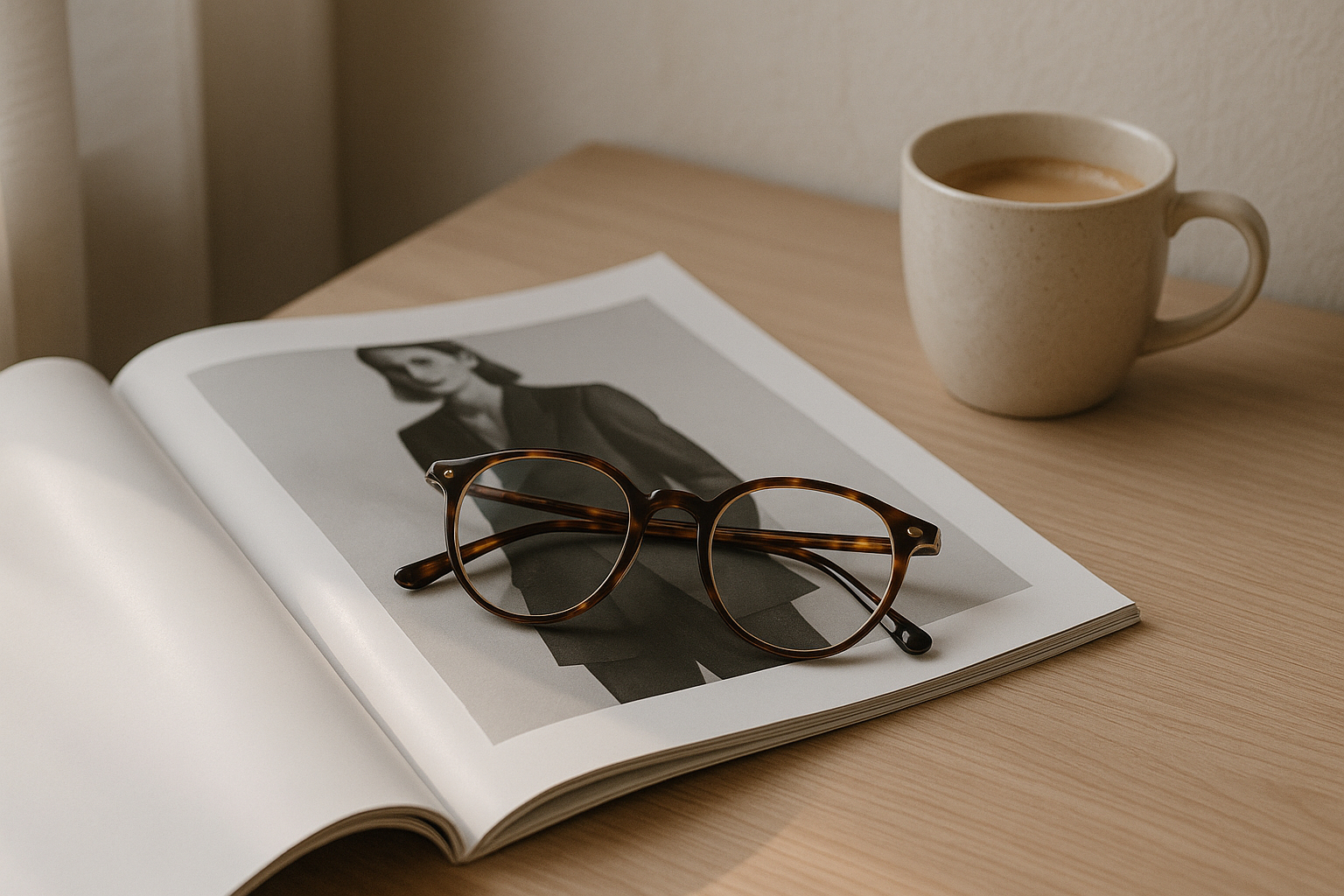 Espace de travail avec lunettes de designer et magazine mode