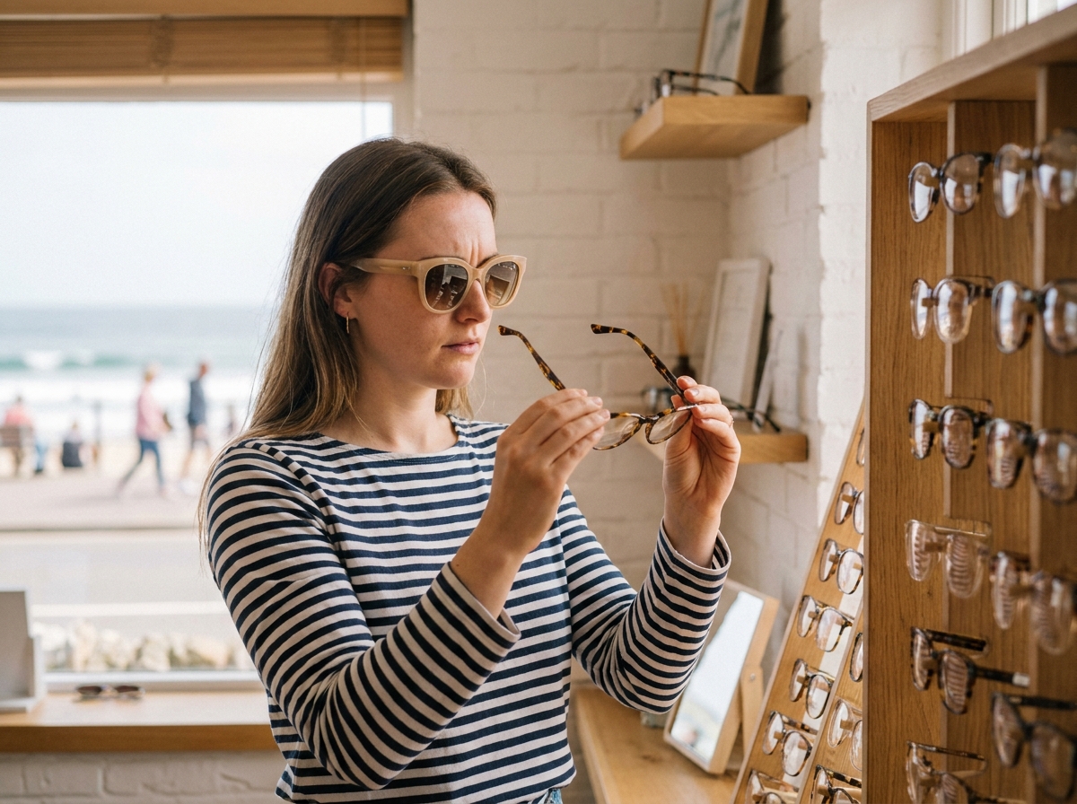 Jeune femme essayant des lunettes dans une opticien en bord de mer avec vue sur la promenade maritime