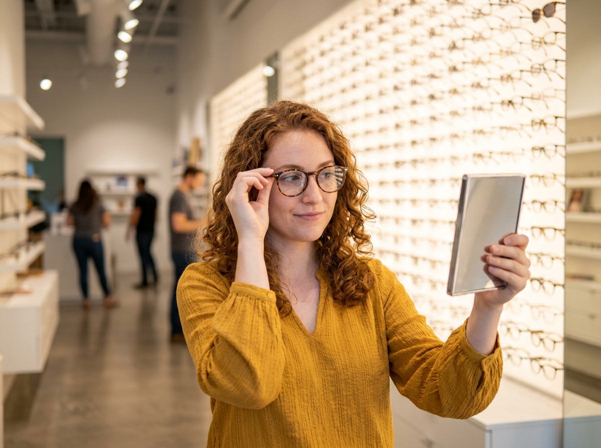 Jeune femme essayant des montures de lunettes devant un mur de présentoir dans un magasin d'optique moderne