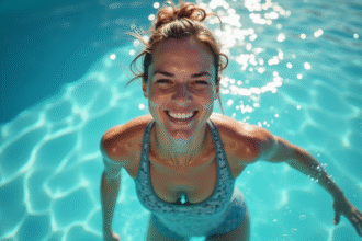 Femme confiante faisant de l'aquagym dans une piscine ensoleillee