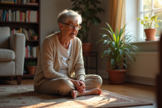Femme âgée surprise assise dans un salon chaleureux