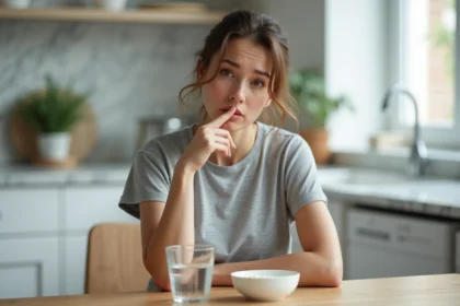 Femme souffrant d'un aphte buccal touchant sa lèvre près d'aliments doux comme du yaourt, pour illustrer le traitement et l'alimentation adaptée