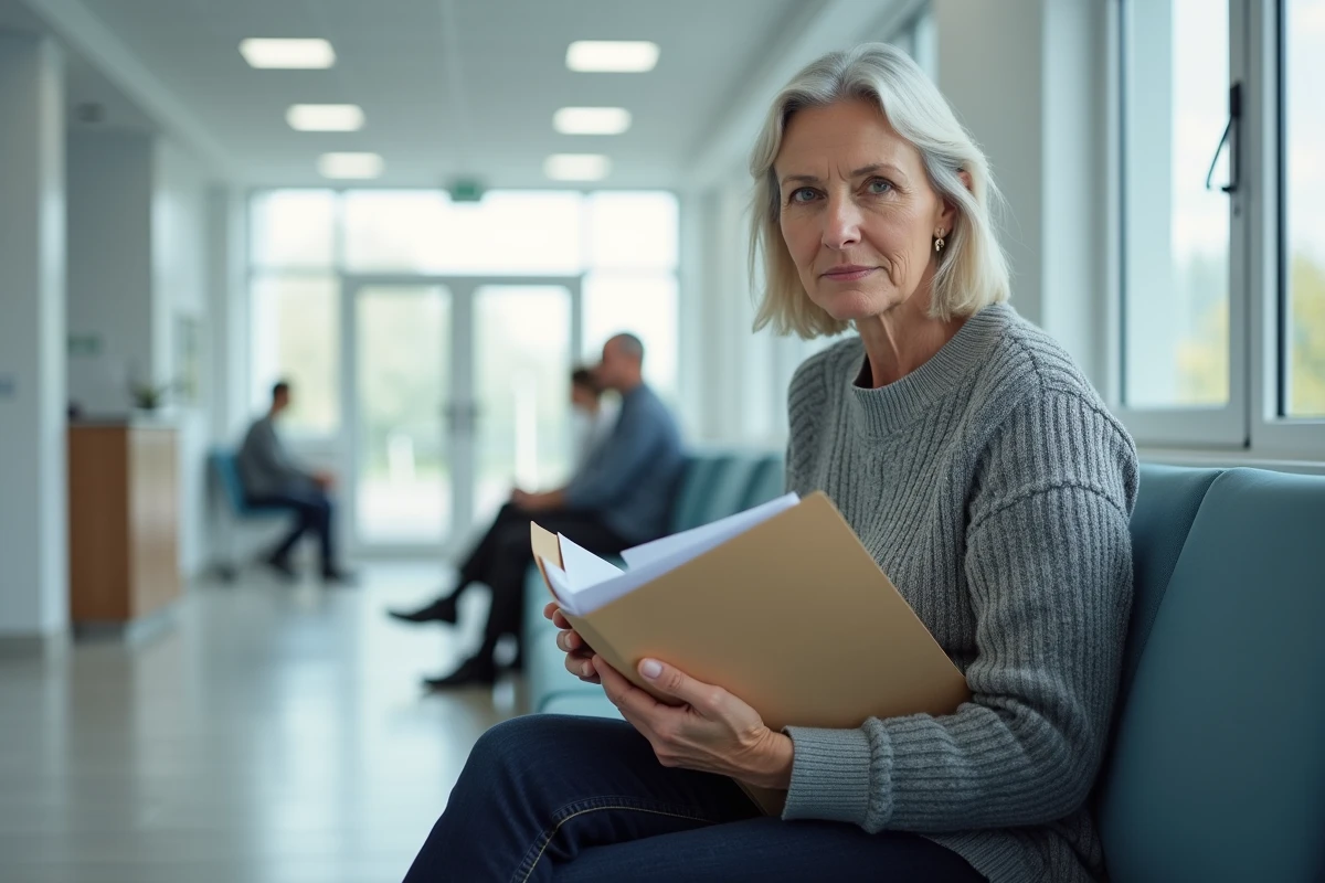 Femme attendant dans un cabinet médical avec ses dossiers de rente pour discopathie dégénérative