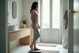 Femme regardant la balance avec impédancemètre dans la salle de bain