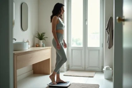 Femme regardant la balance avec impédancemètre dans la salle de bain