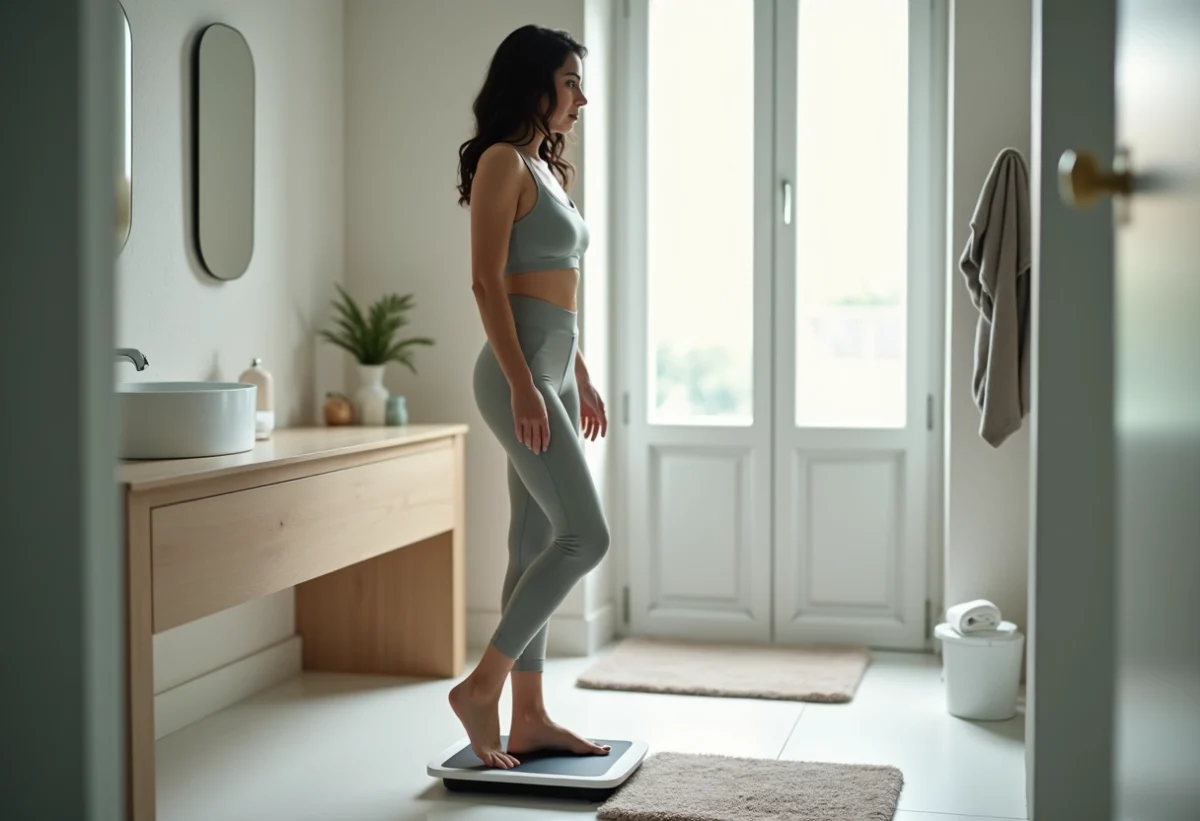 Femme regardant la balance avec impédancemètre dans la salle de bain