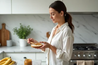 Femme étalant du beurre de cacahuète naturel sur une tartine de pain complet dans une cuisine moderne, avec un pot de beurre de cacahuète ouvert sur le plan de travail en marbre