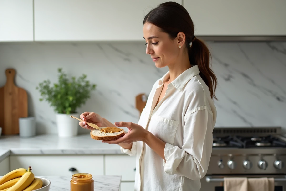 Femme étalant du beurre de cacahuète naturel sur une tartine de pain complet dans une cuisine moderne, avec un pot de beurre de cacahuète ouvert sur le plan de travail en marbre