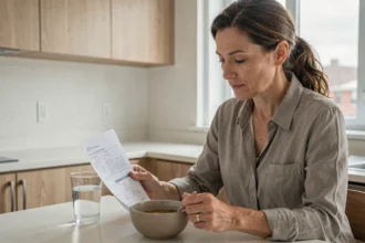 Femme au bureau consultant une fiche de préparation médicale avec un repas léger avant coloscopie