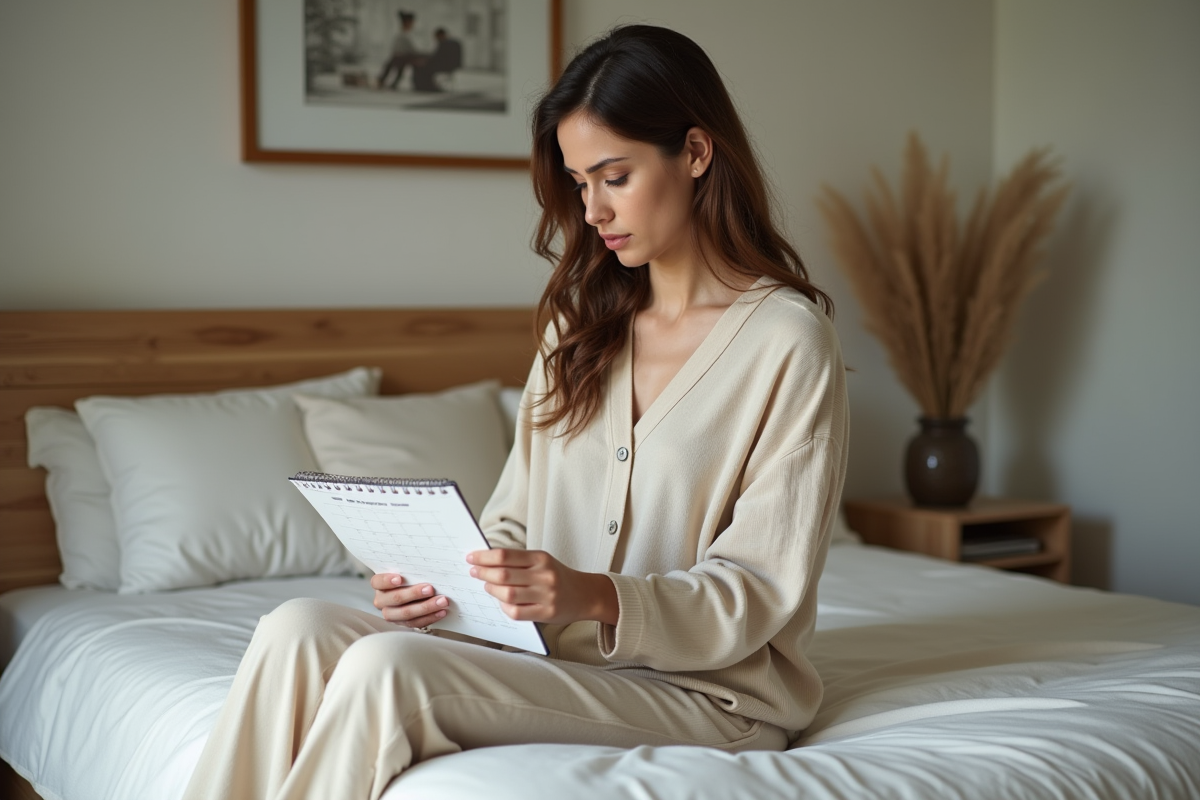 Femme pensive tenant un calendrier dans une chambre cosy