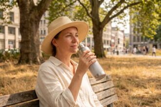 Femme se protégeant de la canicule à l'ombre dans un parc urbain en buvant de l'eau