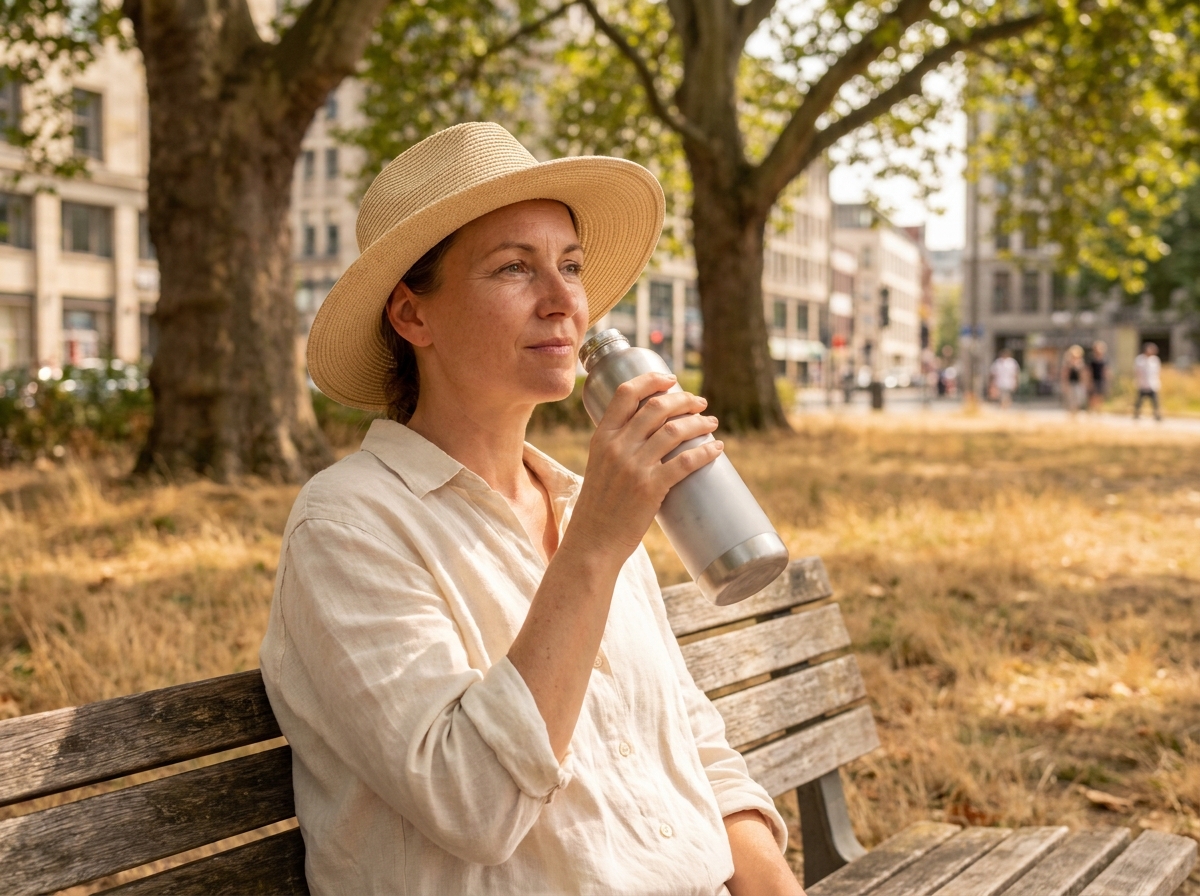 Femme se protégeant de la canicule à l'ombre dans un parc urbain en buvant de l'eau