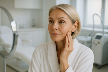 Femme confiante se regardant dans un miroir dans une clinique esthétique