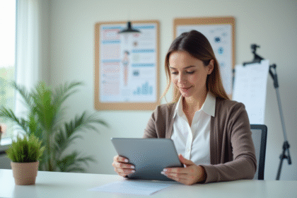 Femme en blouse consultat une fiche médicale sur tablette