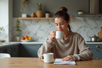Femme en tenue sportive dans une cuisine moderne en réflexion