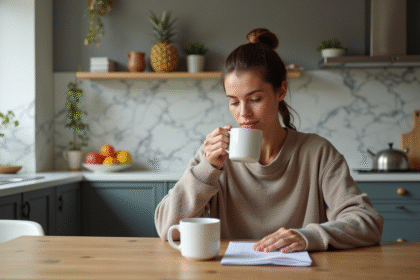 Femme en tenue sportive dans une cuisine moderne en réflexion