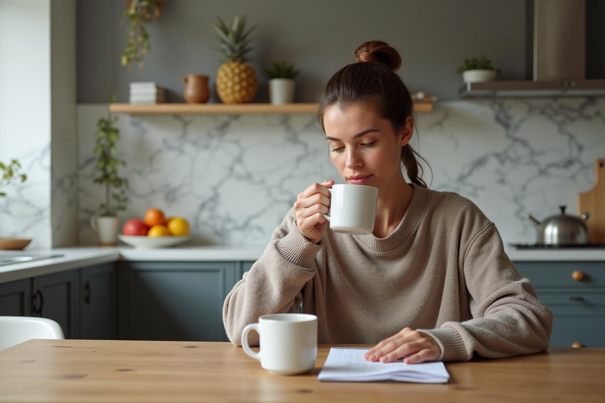 Femme en tenue sportive dans une cuisine moderne en réflexion