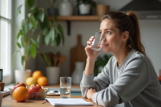 Femme assise à la cuisine avec un carnet et une bouteille d'eau