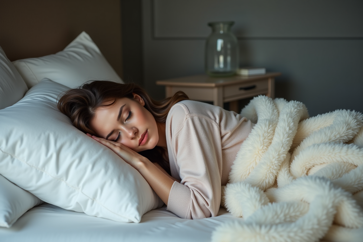 Femme endormie dans son lit en pyjamas confortables