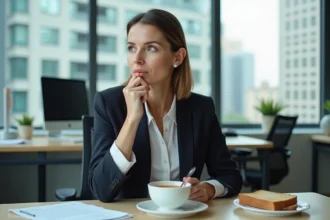 Femme d'affaires mangeant une soupe au bureau