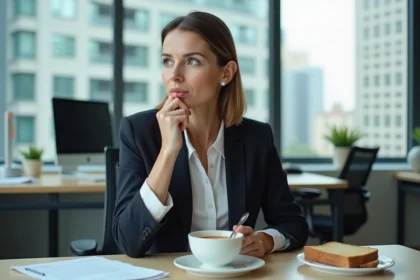 Femme d'affaires mangeant une soupe au bureau