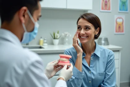 Femme souriante en consultation dentaire dans un cabinet moderne