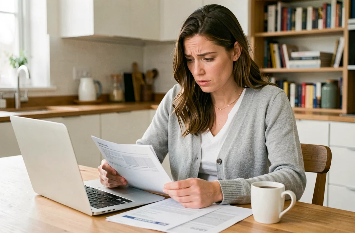 Femme analysant seule ses documents d'assurance Groupama à domicile pour comprendre ses remboursements